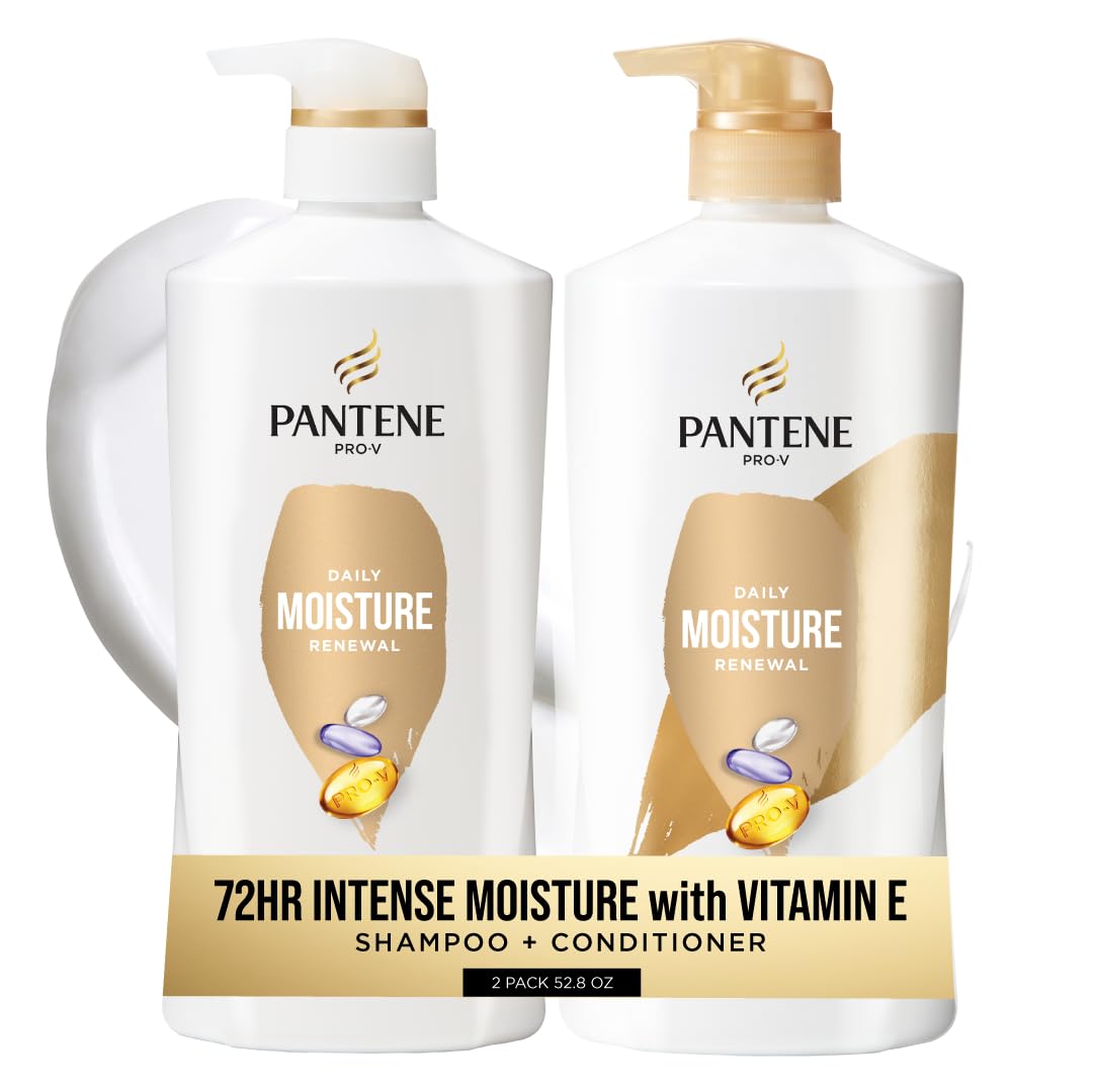 Pantene Shampoo & Conditioner Set, Daily Moisture Renewal with Vitamin E - Pro-V Nutrients for Dry, Color-Treated, Straight to Curly Hair, 72-Hour Hydration & Softness, Twin Pack, 52.8 Oz Total