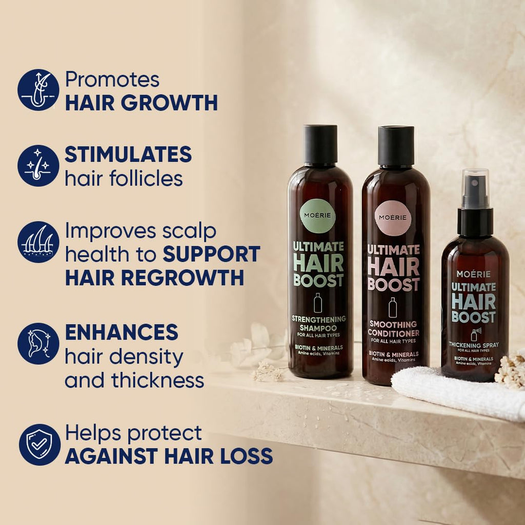Moerie Hair Growth Shampoo, Conditioner and Spray for Men and Women, Hair Loss Solution with Biotin and Rosemary, Thickening Hair Regrowth Set with Serum Level Care for Thinning Hair