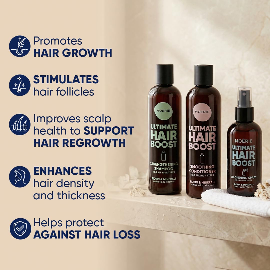 Moerie Hair Growth Shampoo, Conditioner and Spray for Men and Women, Hair Loss Solution with Biotin and Rosemary, Thickening Hair Regrowth Set with Serum Level Care for Thinning Hair