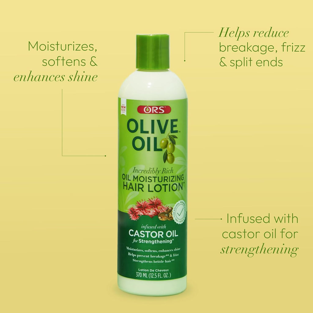 ORS Olive Oil Incredibly Rich Moisturizing Hair Lotion with Castor Oil for Strengthening 12.5 Ounces (Pack of 3)