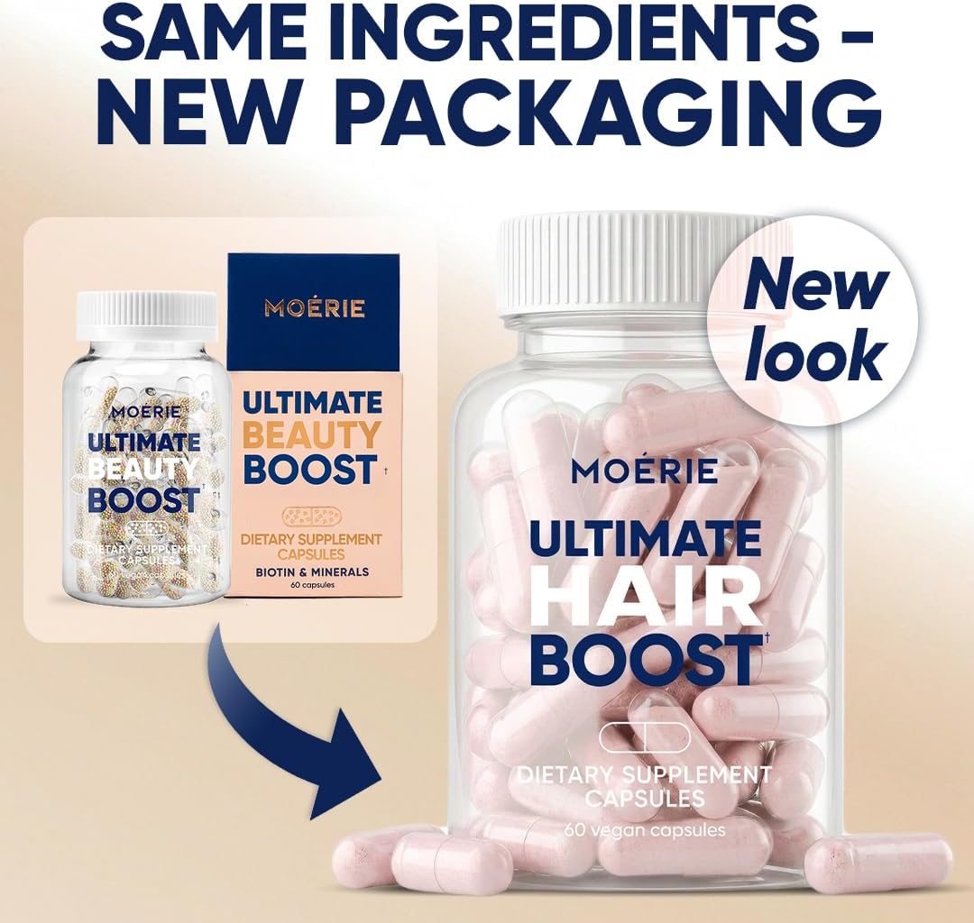 Moerie Ultimate Hair Boost Supplements for Women & Men - Hair, Skin, Nails Vitamins with Biotin & Minerals for Hair Health - Thicker Hair - 60 Capsules