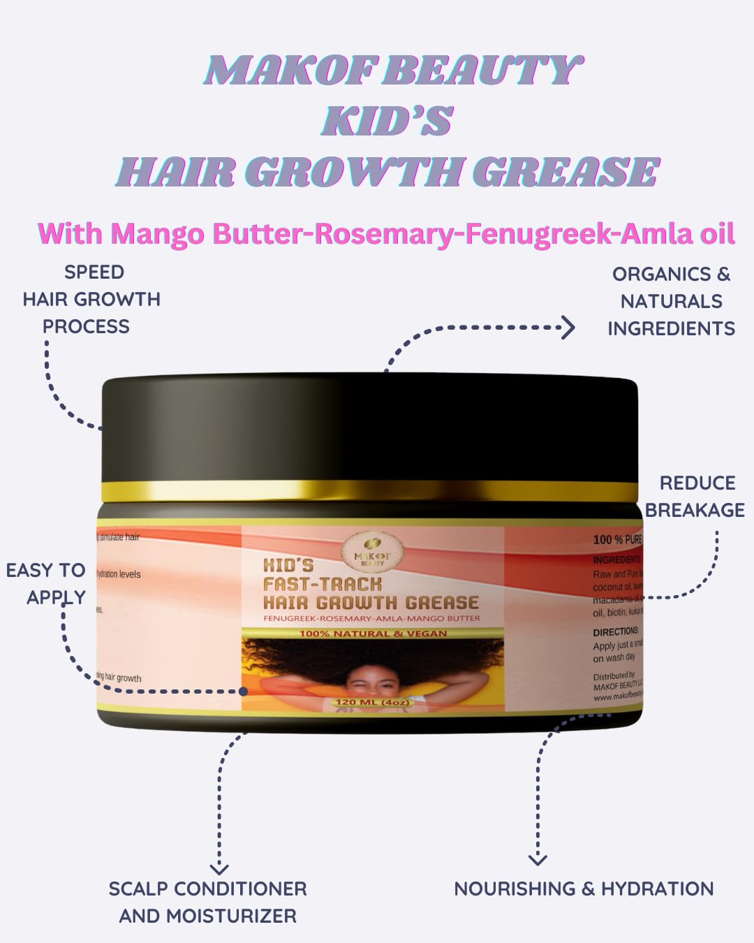 Kid's Hair Growth Grease with Raw Organic and Pure Batana Extract, Rosemary, Fenugreek, Amla oil Mango Butter. Improve Elasticity. Perfect Curly, coily and straight Hair types. 120 Ml