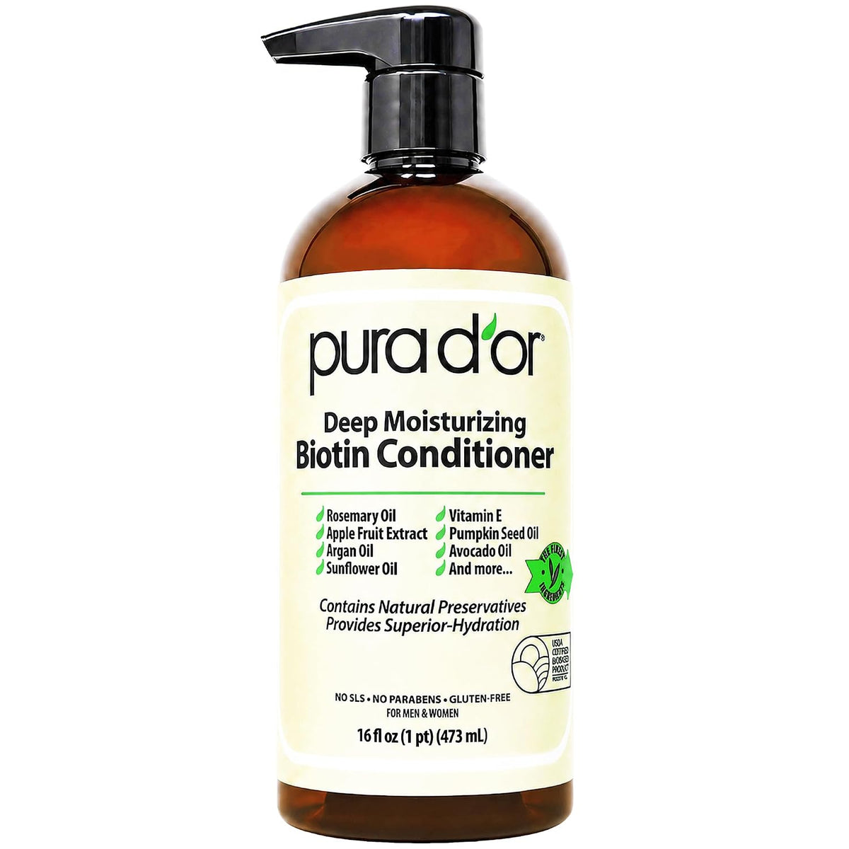 PURA D'OR Deep Moisturizing Biotin Conditioner for Dry, Damaged Hair, 16oz