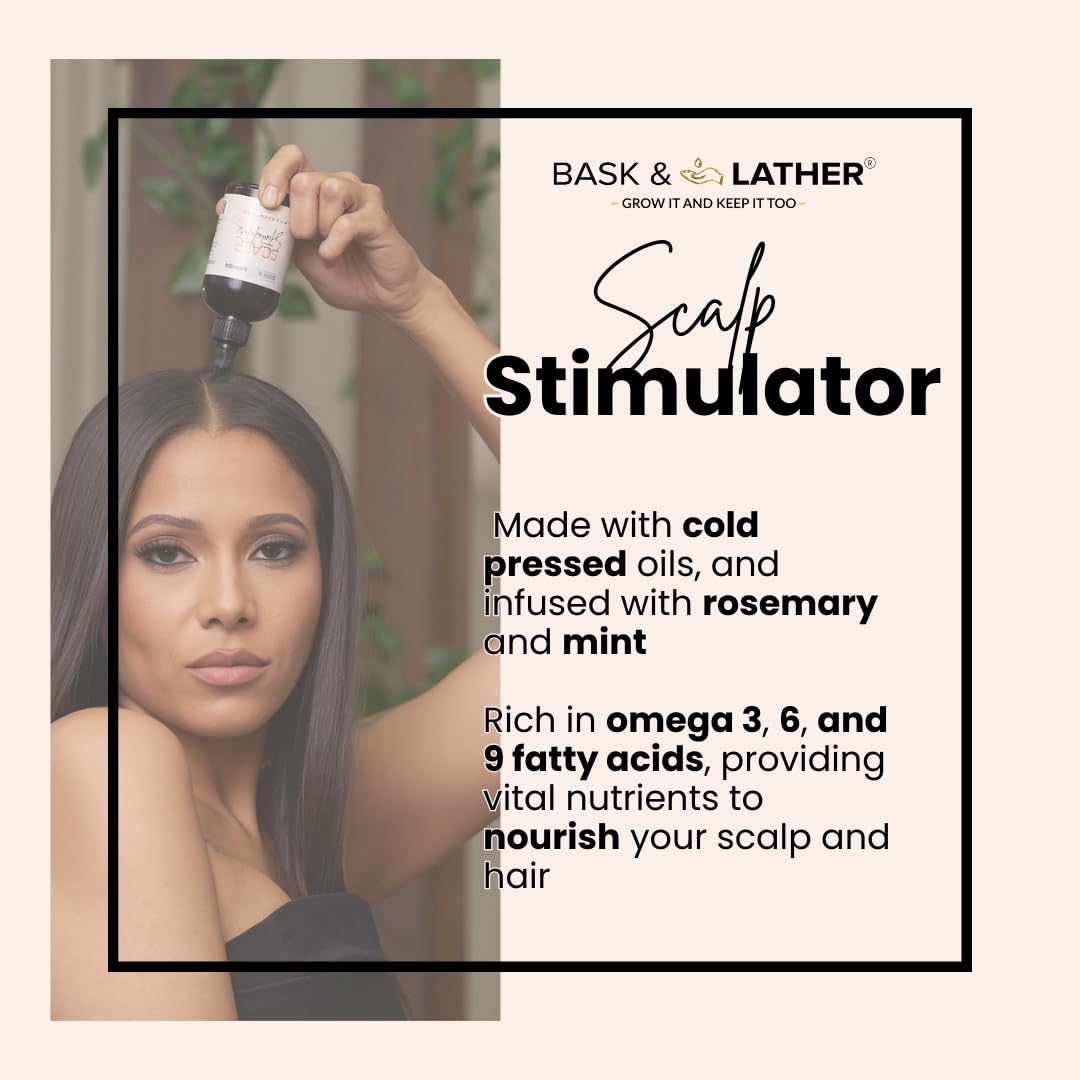 BASK & LATHER Scalp Stimulator Hair Growth Oil, Cold Pressed Mint and Rosemary Blend with Grapeseed for Hair Growth, Organic Natural Leave in, All Hair Types, 2 Fl Oz