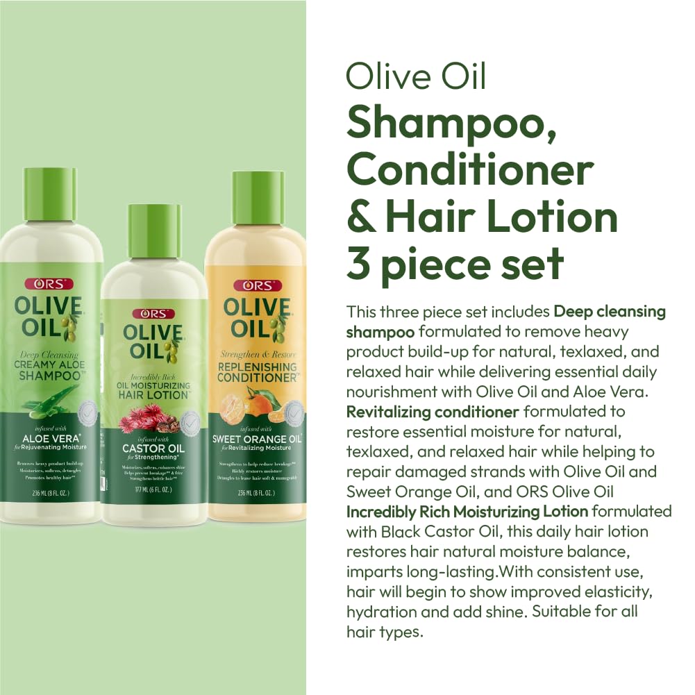 ORS Olive Oil Shampoo, Conditioner & Hair Lotion for Stronger and Healthier Hair 3 Piece Set