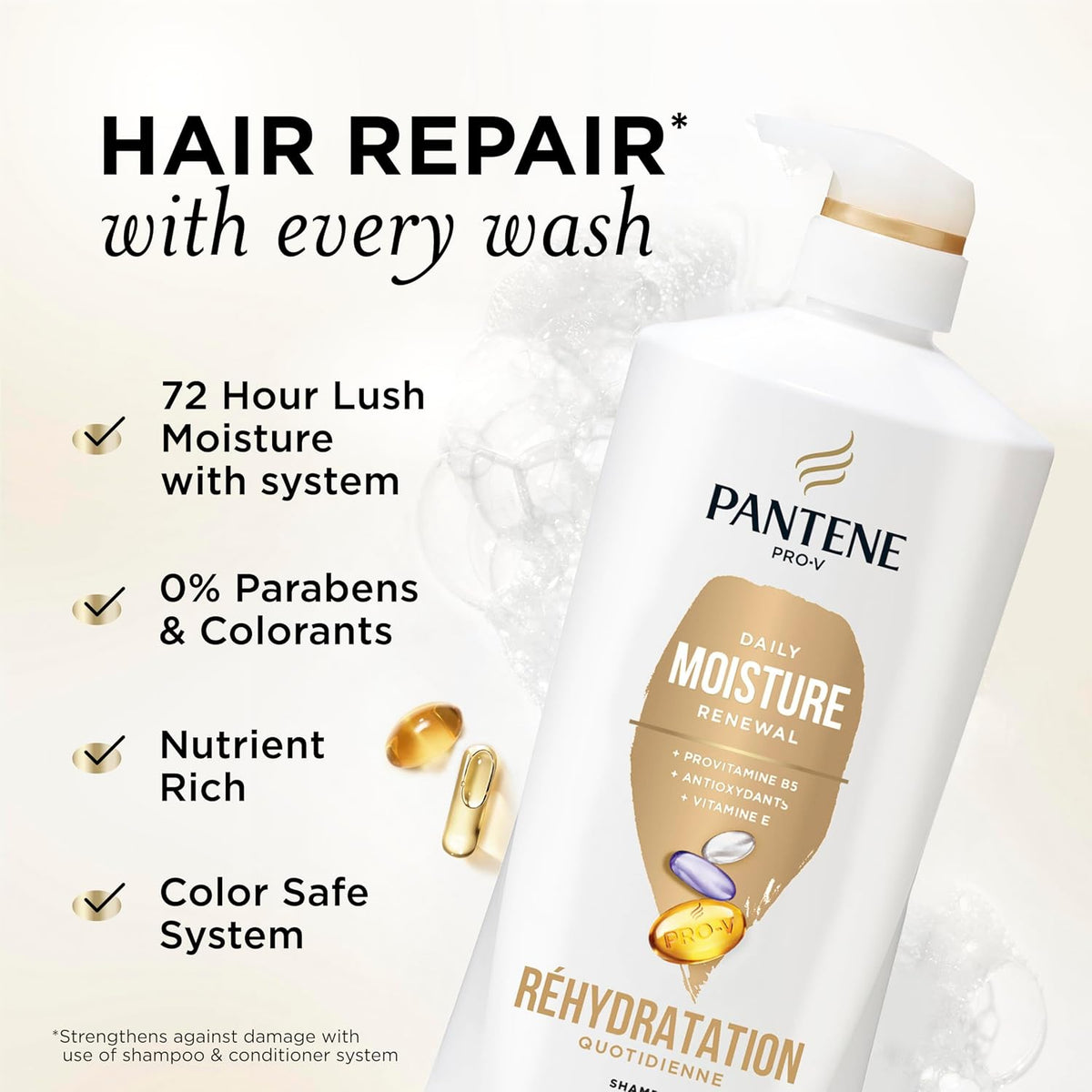 Pantene Shampoo & Conditioner Set, Daily Moisture Renewal with Vitamin E - Pro-V Nutrients for Dry, Color-Treated, Straight to Curly Hair, 72-Hour Hydration & Softness, Twin Pack, 52.8 Oz Total