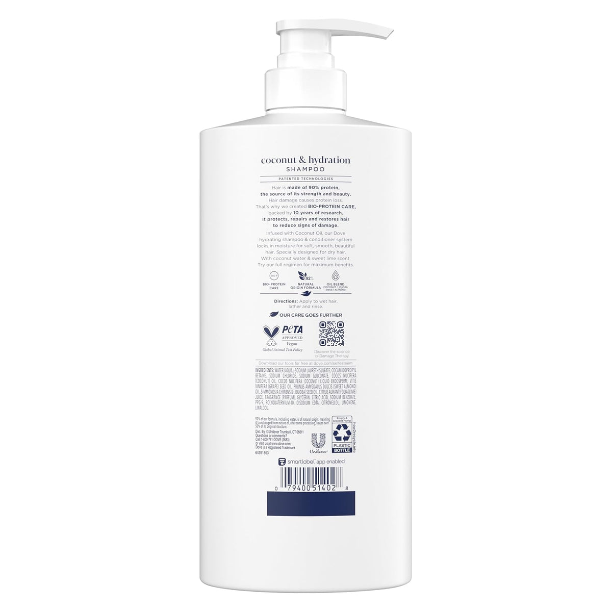 Dove Shampoo Coconut & Hydration for Dry Hair with Bio-Protein, 28 Fl Oz