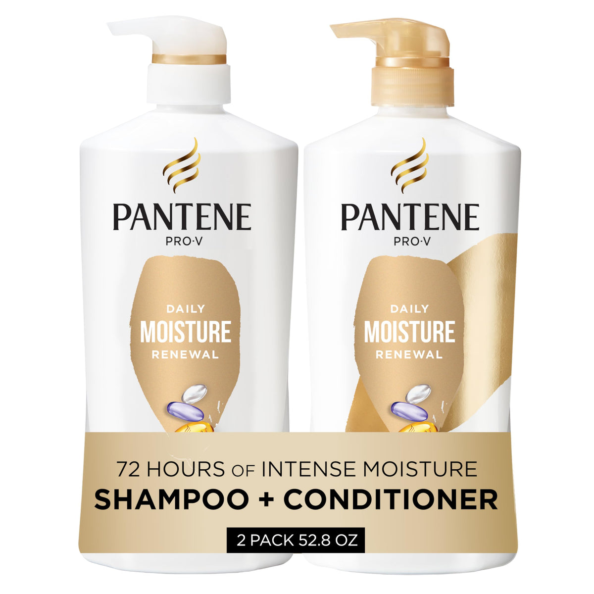 Pantene Shampoo & Conditioner Set, Daily Moisture Renewal with Vitamin E - Pro-V Nutrients for Dry, Color-Treated, Straight to Curly Hair, 72-Hour Hydration & Softness, Twin Pack, 52.8 Oz Total