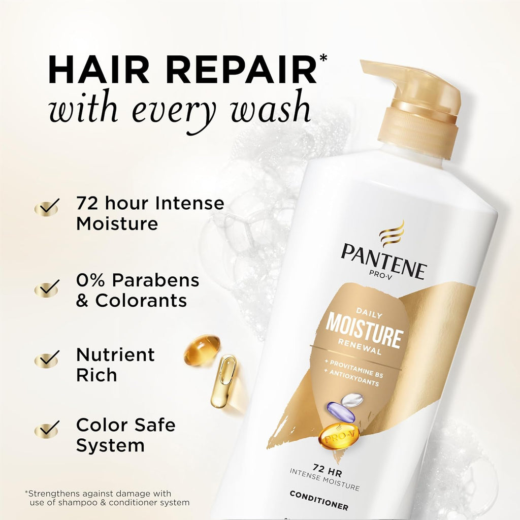 Pantene Conditioner, Daily Moisture Renewal - Pro-V Nutrients for Dry, Color-Treated, Straight to Curly Hair, 72 Hour Hydration & Softness, Paraben Free, Cleanses, Strengthens Bonds, 25.1 Fl Oz