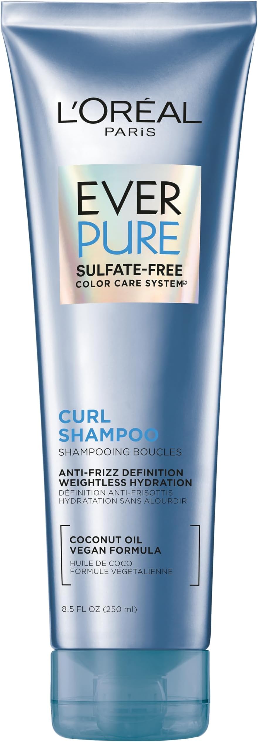 L'Oreal Paris Sulfate Free Shampoo for Curly Hair, Lightweight, Anti-Frizz Hair Care with Coconut Oil, EverPure, 8.5 Fl Oz (Packaging May Vary)