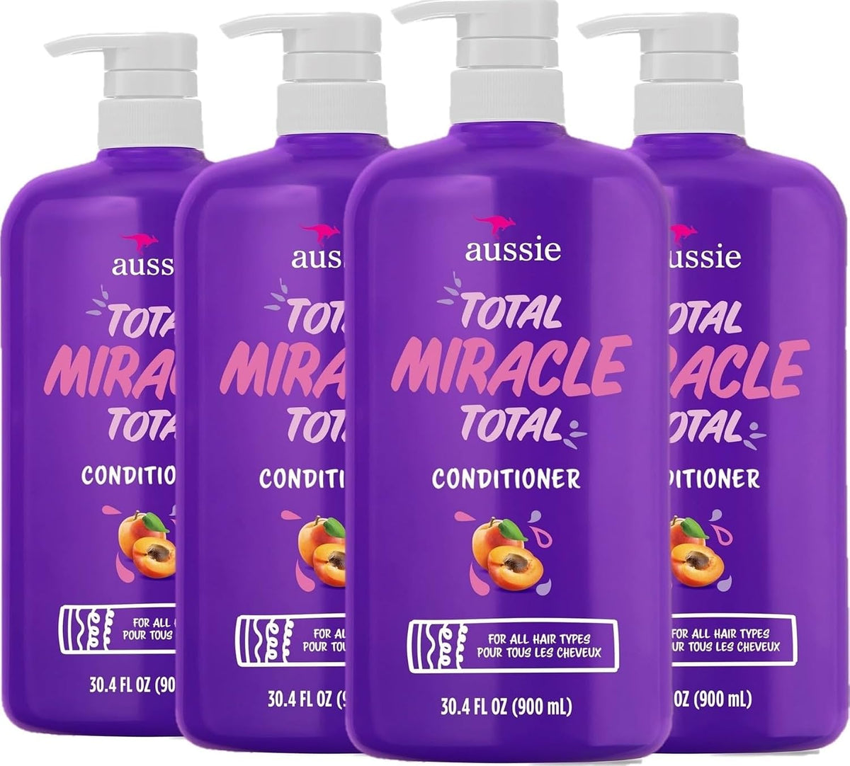 Aussie Total Miracle 7 Benefits Hair Conditioner for Damaged Hair, for All Hair Types, Paraben-Free, 30.4 fl oz, 4-pack
