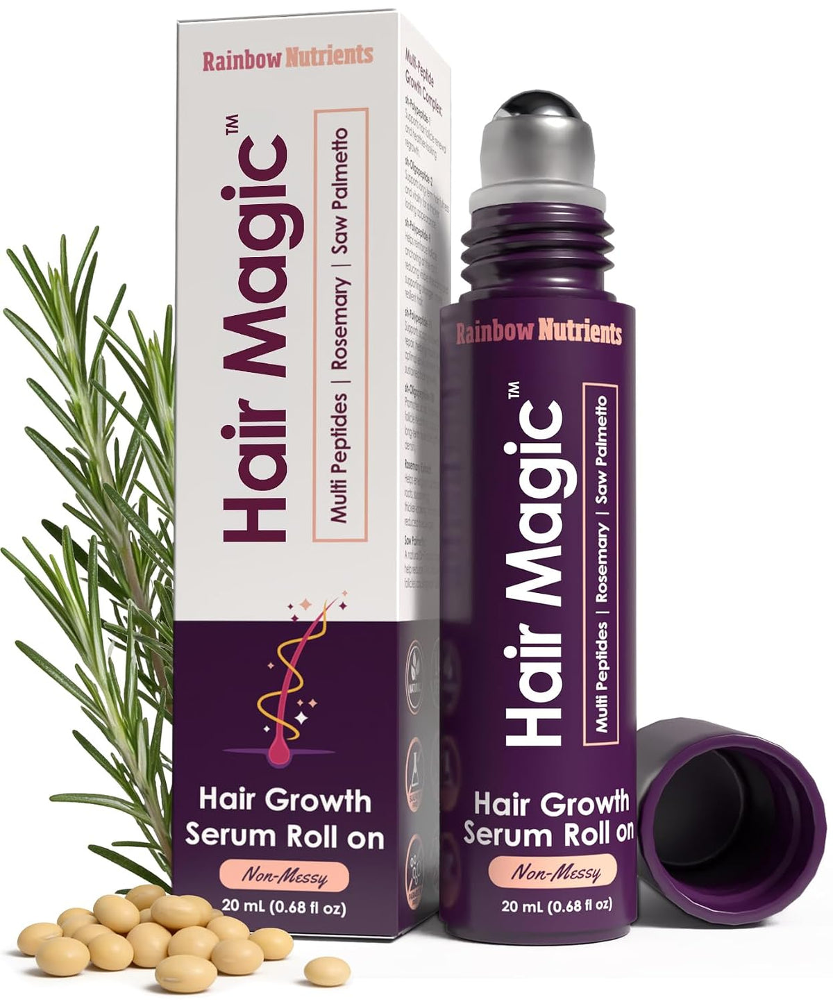 Hair Magic™ Hair Growth Serum Roll On- Multi-Peptides + Rosemary Oil for Hair Growth, Density, Beard, Eyebrows & Scalp Serum Treatment For Women & Men with Saw Palmetto - Suero Para El Cabello