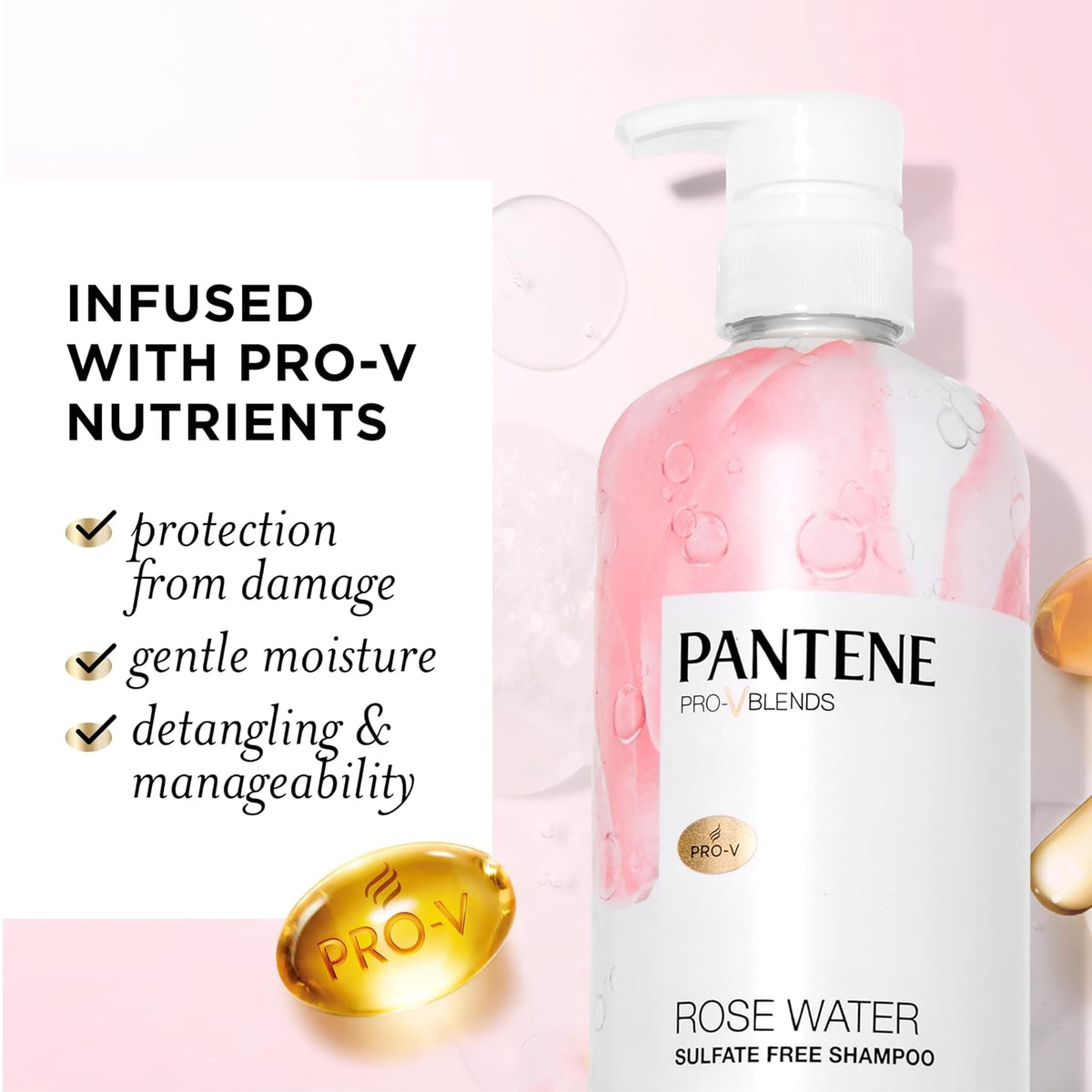 Pantene Sulfate Free Rose Water Shampoo, Soothes, Replenishes Hydration, Safe for Color Treated Hair, Nutrient Infused with Vitamin B5 and Antioxidants, Pro-V Blends, 30.0 oz