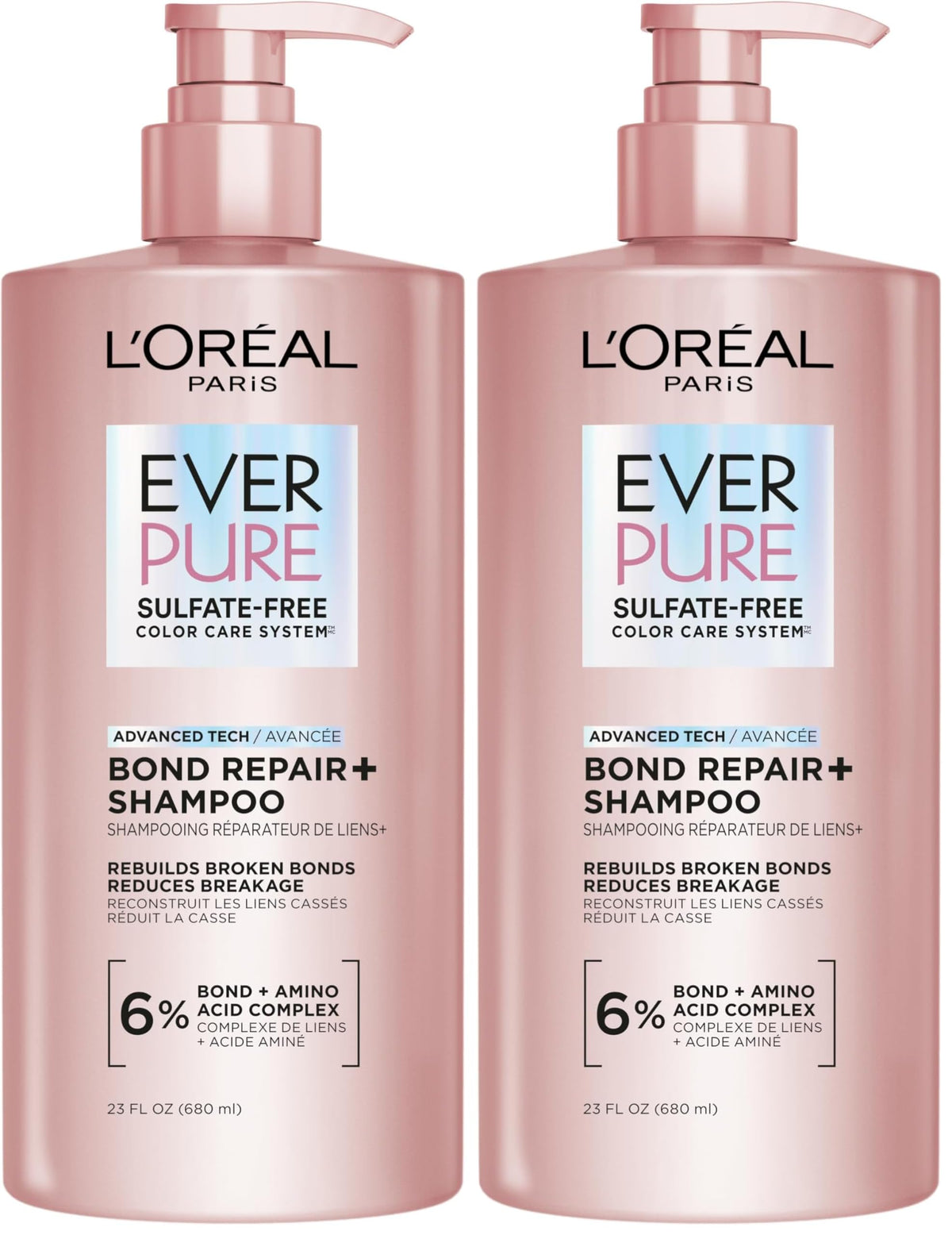 L'Oreal Paris Sulfate Free Bond Repair+ Shampoo, Hair Shampoo with Bond + Amino Acid Complex, Strengthens and Repairs Damaged or Color Treated Hair, EverPure, 6.8 Fl Oz (Packaging May Vary)