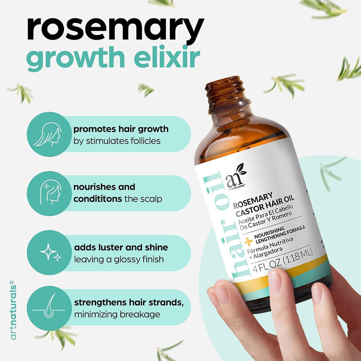 ArtNaturals Rosemary Oil for Hair Growth & Castor Oil Set, 4 oz, Women Men