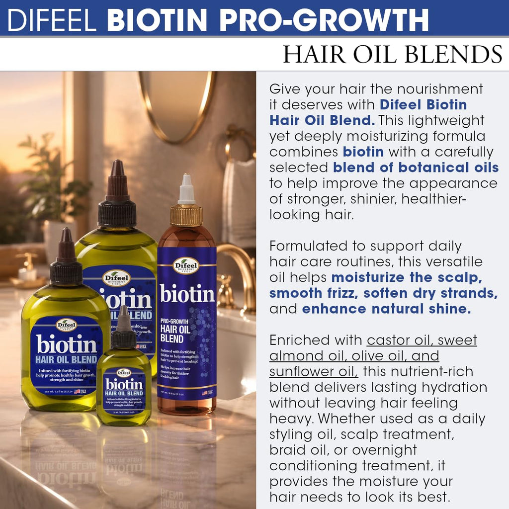 Difeel Biotin Pro-Growth Hair Oil Blend, 8 oz – Strengthens & Helps Reduce Breakage, Supports Thicker-Looking Hair, Lightweight Nourishing Formula, Made in USA