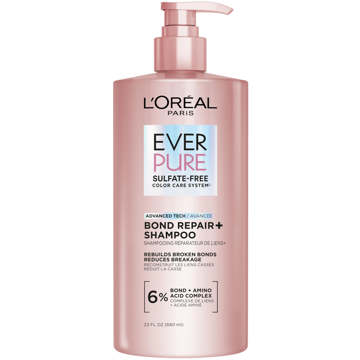 L'Oreal Paris Sulfate Free Bond Repair+ Shampoo, Hair Shampoo with Bond + Amino Acid Complex, Strengthens and Repairs Damaged or Color Treated Hair, EverPure, 6.8 Fl Oz (Packaging May Vary)