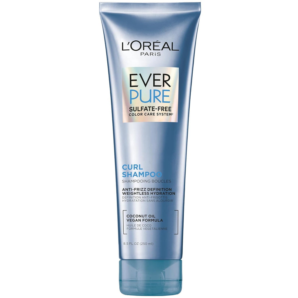 L'Oreal Paris Sulfate Free Shampoo for Curly Hair, Lightweight, Anti-Frizz Hair Care with Coconut Oil, EverPure, 8.5 Fl Oz (Packaging May Vary)