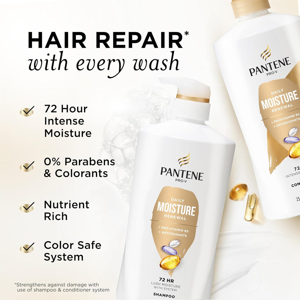 Pantene Shampoo & Conditioner Set, Daily Moisture Renewal - Pro-V Nutrients for Dry, Color-Treated, Straight to Curly Hair, 72-Hour Hydration & Softness, 52.8 Oz Total + Miracle Rescue Shot (0.5 Oz)