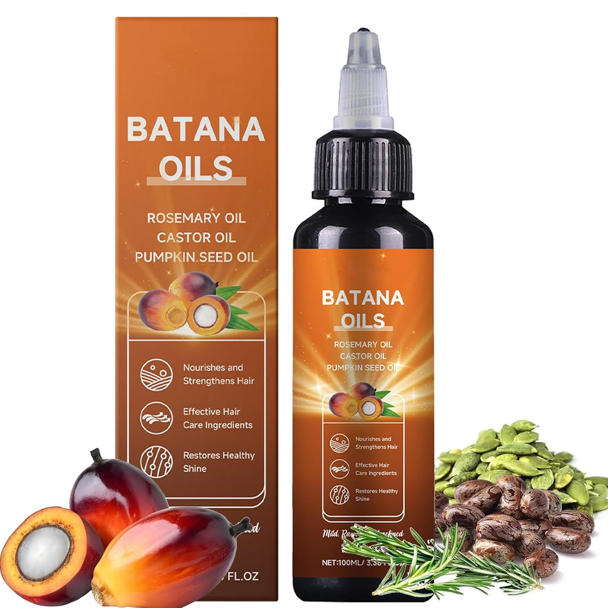 Natural Batana Oil for Hair Growth with Rosemary, Castor, and Pumpkin Seed Oils,Strengthen Hair Roots Make Smooth,Hair Growth Thickening Product - Hair Loss Treatments for Women Men,3.38 fl oz
