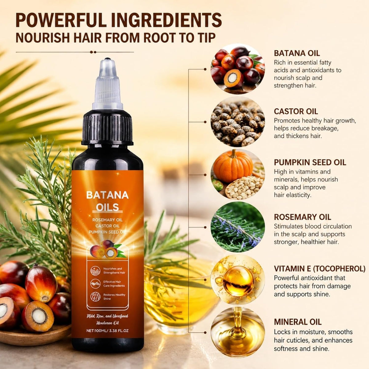 Natural Batana Oil for Hair Growth with Rosemary, Castor, and Pumpkin Seed Oils,Strengthen Hair Roots Make Smooth,Hair Growth Thickening Product - Hair Loss Treatments for Women Men,3.38 fl oz