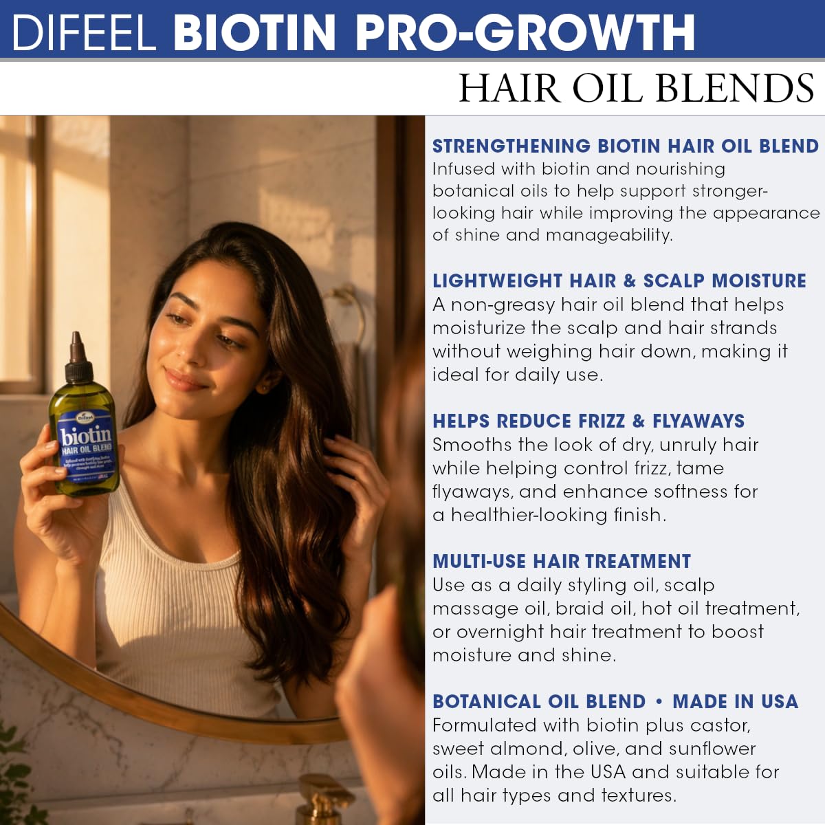 Difeel Biotin Pro-Growth Hair Oil Blend, 8 oz – Strengthens & Helps Reduce Breakage, Supports Thicker-Looking Hair, Lightweight Nourishing Formula, Made in USA