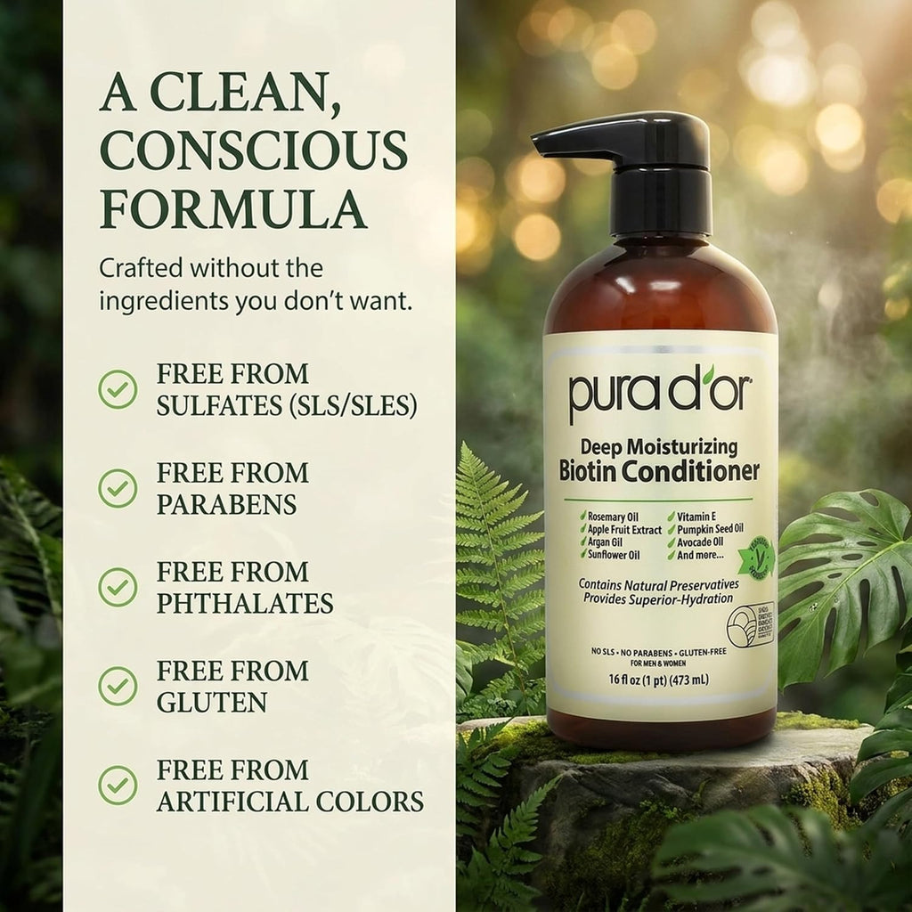 PURA D'OR Deep Moisturizing Biotin Conditioner for Dry, Damaged Hair, 16oz