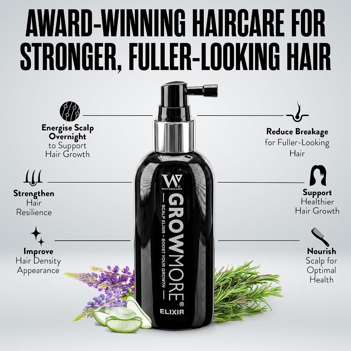 Grow More® Elixir – Leave In Hair Growth Serum for Thicker-Looking Hair & Improved Scalp Condition with Biotin, Caffeine, Rosemary & More – Sulfate-Free Hair Oil for Women & Men, 100mL
