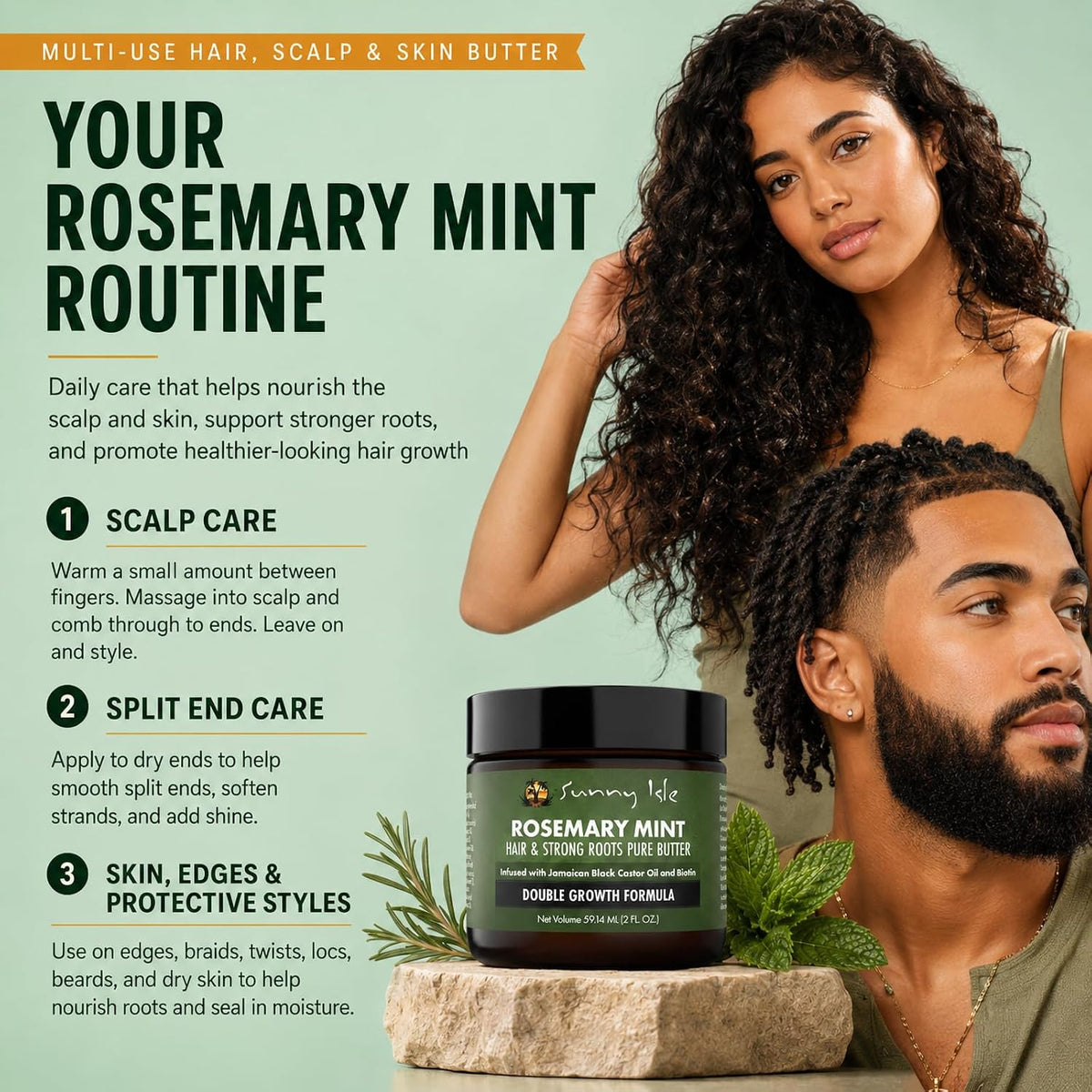 Sunny Isle Rosemary Mint Hair & Strong Roots Pure Butter 2oz