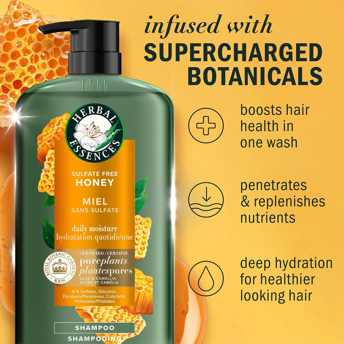 Herbal Essences Sulfate Free Shampoo with Honey for Daily Moisture, Nourishes Dry Hair, Moisturizing Shampoo with Certified Camellia Oil and Aloe Vera, Lightweight For All Hair Types, 33.8oz