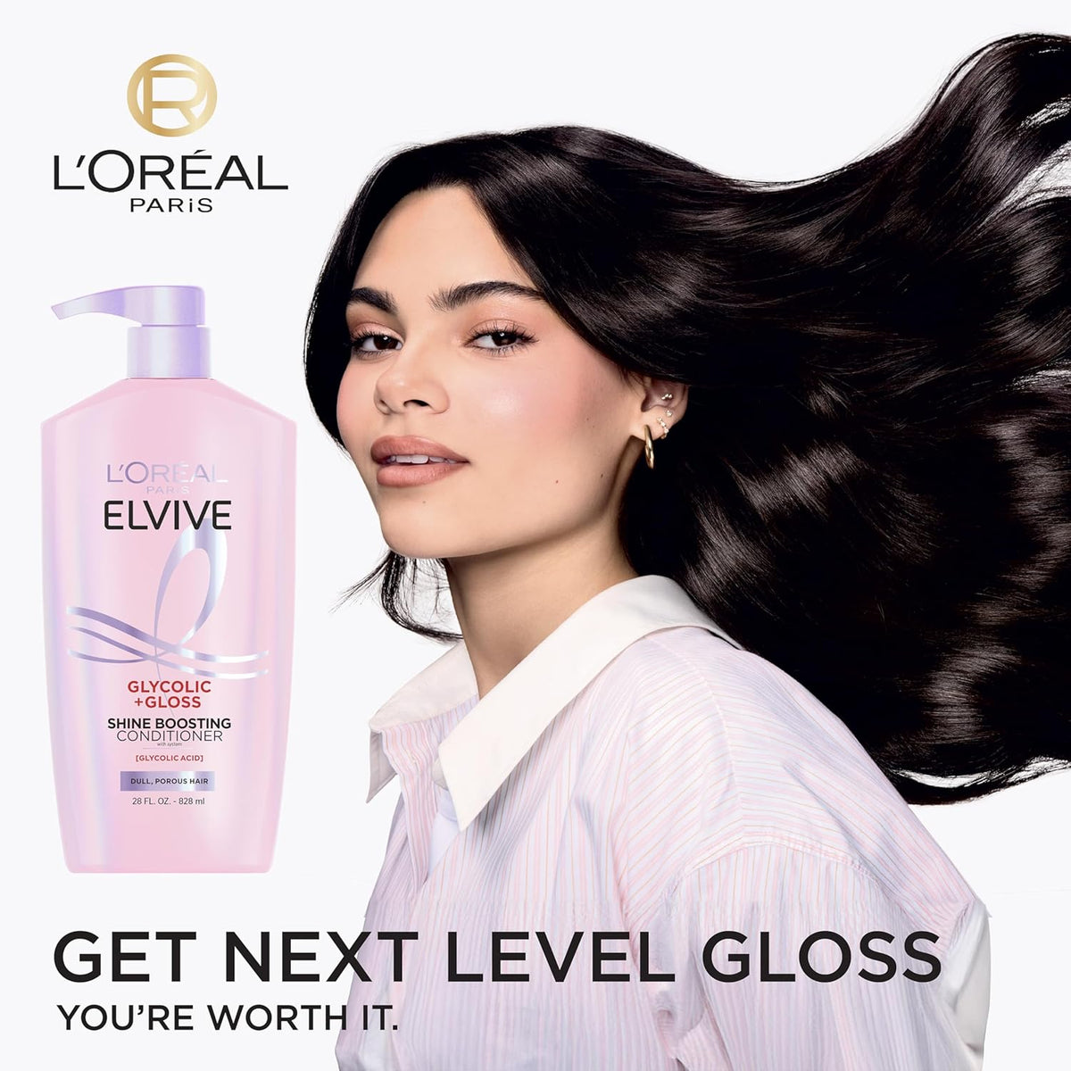 L'Oreal Paris Elvive Glycolic + Gloss Shine Boosting Conditioner, Cleanses and Smooths Dull, Porous Hair Into High-Shine, Glossy Hair, 28 Fl Oz