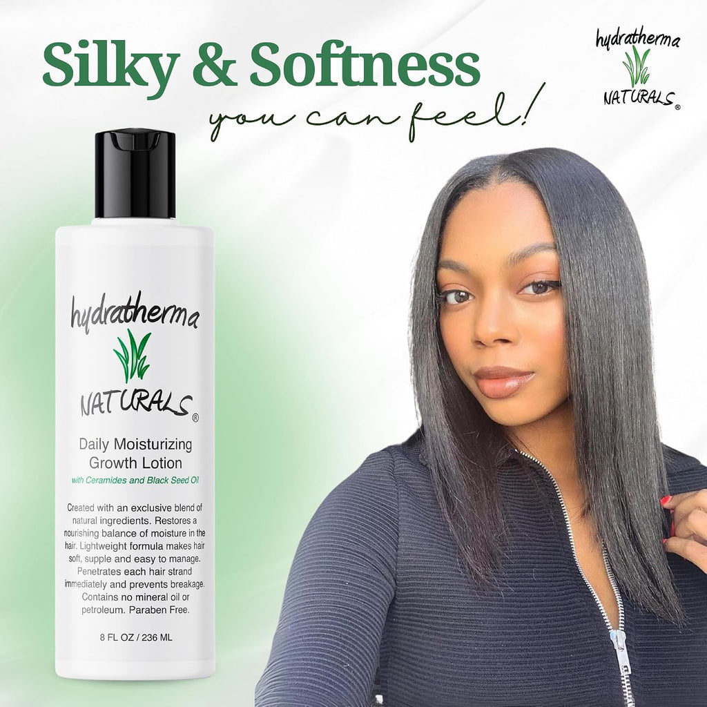 Hydratherma Naturals Daily Moisturizing Growth Lotion 8 oz. - For Thick, Curly, Coily, and Wavy Hair - Excellent for Chemically Treated or Natural Hair - Prevents Breakage and Shedding
