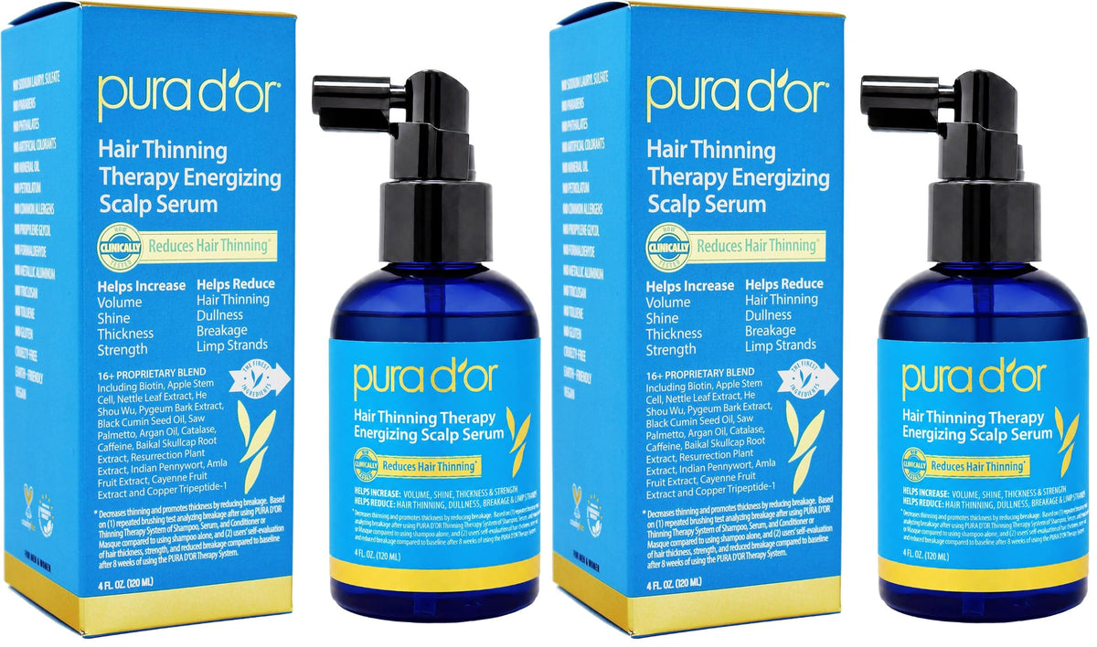 PURA D'OR Hair Thinning Therapy Energizing Scalp Serum 4oz w/Copper Tripeptide, Biotin, Caffeine, Plant Stem Cell, Catalase & DHT Balance, Rosemary Green Tea Leaf Extract, All Hair Types, Men Women