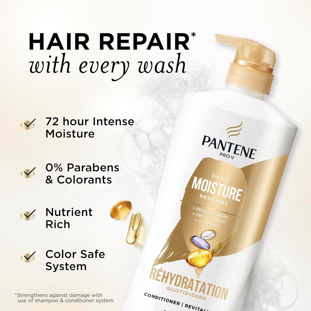 Pantene Shampoo & Conditioner Set, Daily Moisture Renewal with Vitamin E - Pro-V Nutrients for Dry, Color-Treated, Straight to Curly Hair, 72-Hour Hydration & Softness, Twin Pack, 52.8 Oz Total