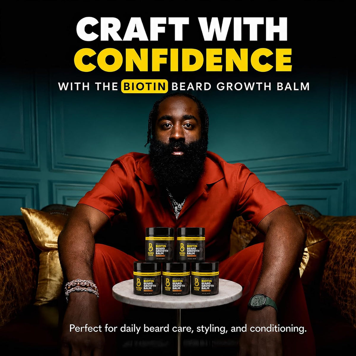 The Beard Club Biotin Beard Balm for Men - Beard Growth Shea Butter with Castor & Coconut Oil - Moisturizing, Hydrating and Softening Cream - Amber Cedar Scent - 4 oz