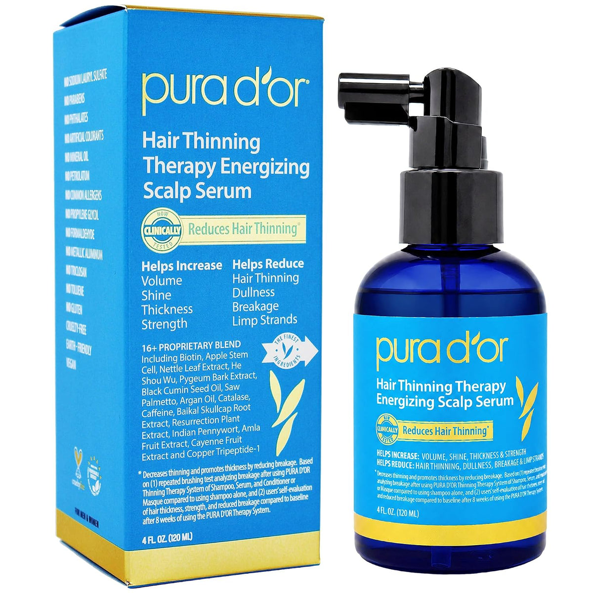 PURA D'OR Hair Thinning Therapy Energizing Scalp Serum 4oz w/Copper Tripeptide, Biotin, Caffeine, Plant Stem Cell, Catalase & DHT Balance, Rosemary Green Tea Leaf Extract, All Hair Types, Men Women
