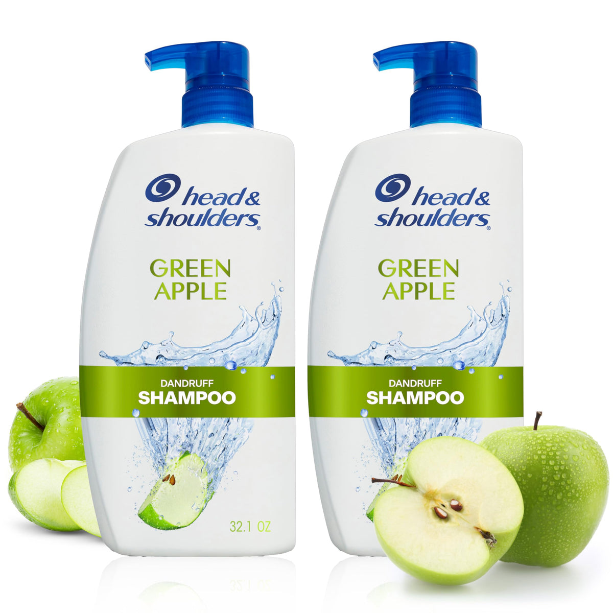 Head & Shoulders Green Apple Anti-Dandruff Shampoo Twin Pack, 72-Hour Protection, 1% Pyrithione Zinc, 32.1 fl oz Each