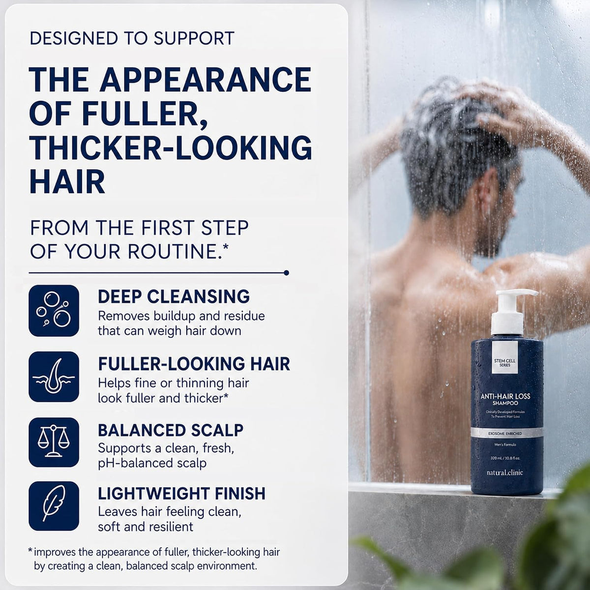 Natural Clinic Exosome Thickening Shampoo for Men with Caffeine, Biotin & Saw Palmetto — Volumizing Shampoo for Thinning, Fine Hair & Scalp Care, Malva Stem Cell Exosome Formula, 320 ml / 10.8 fl oz