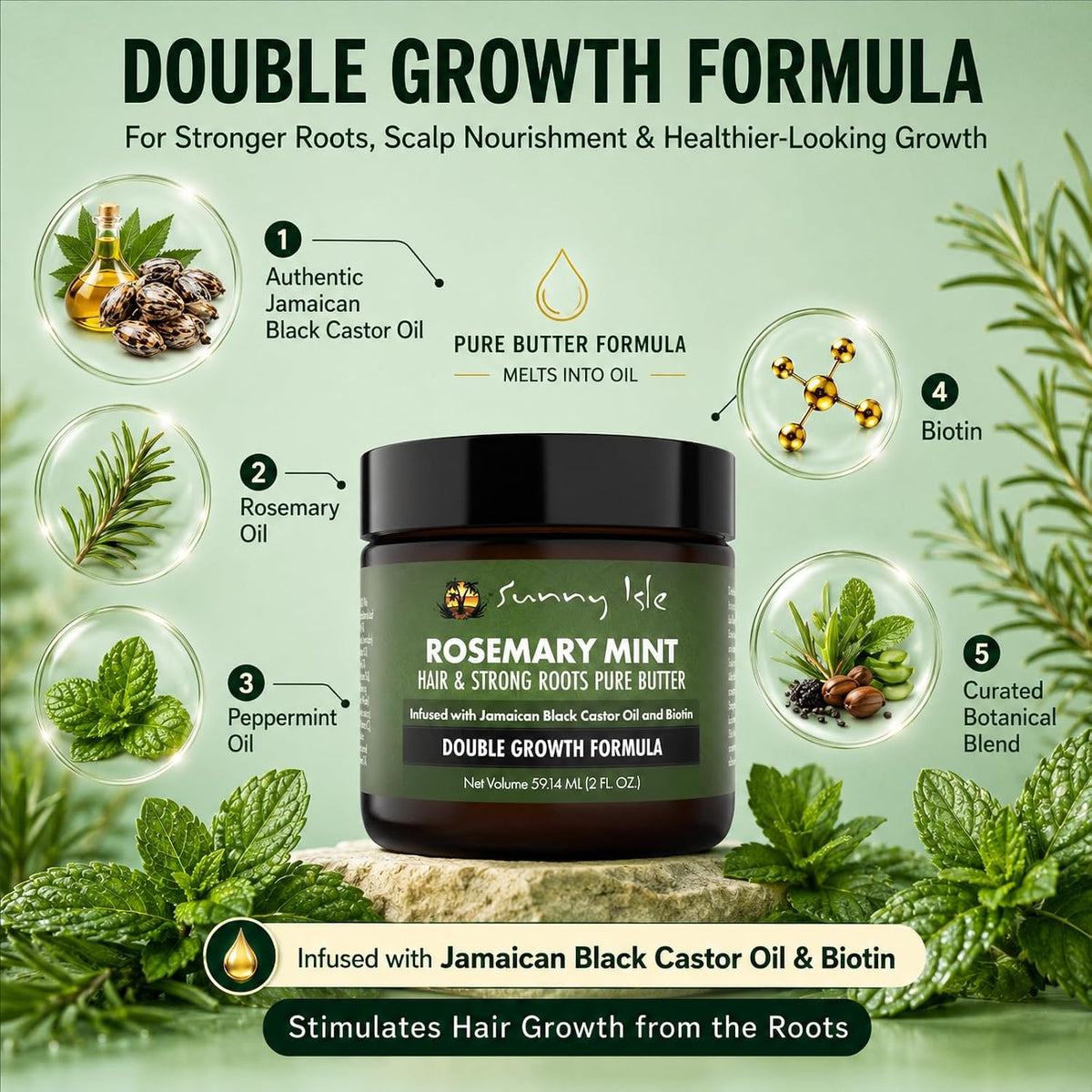 Sunny Isle Rosemary Mint Hair & Strong Roots Pure Butter 2oz