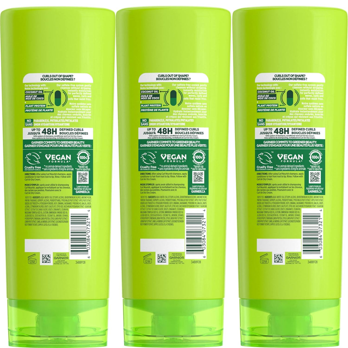 Garnier Fructis Curl Nourish Moisturizing Conditioner for Curly Hair, Plant Protein and Coconut Oil Formula, Up to 48HR of Curl Definition, Sulfate Free & Vegan, 12 Fl Oz, 3 Count (Packaging May Vary)