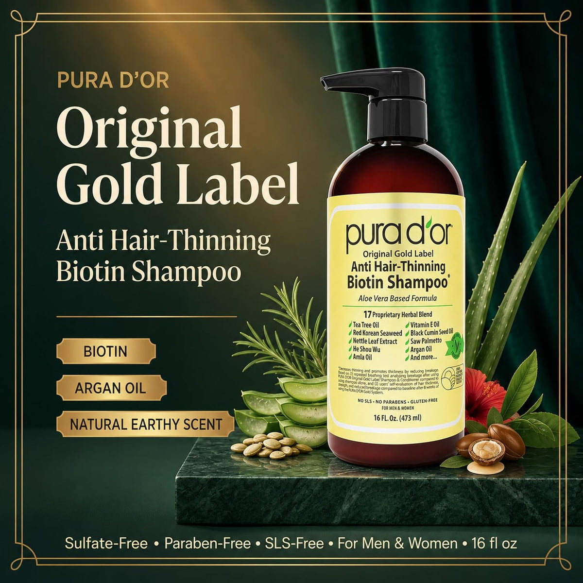 PURA D'OR Original Gold Label Anti-Hair Thinning Biotin Shampoo, 16oz
