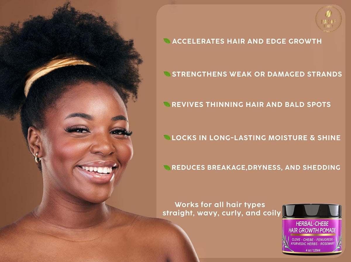 MAKOF BEAUTY Chebe Hair Growth Grease - Herbal Pomade with Clove, Fenugreek, Rosemary, Moringa & Ayurvedics Herbs for Hair Loss, Edges & Thinning Hair 4oz