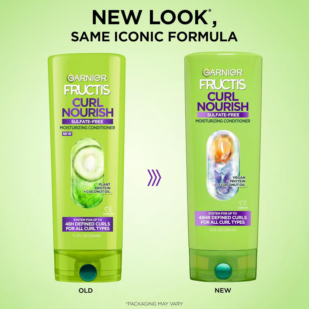 Garnier Fructis Curl Nourish Moisturizing Conditioner for Curly Hair, Plant Protein and Coconut Oil Formula, Up to 48HR of Curl Definition, Sulfate Free & Vegan, 12 Fl Oz, 3 Count (Packaging May Vary)