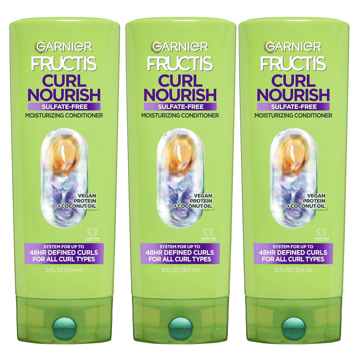 Garnier Fructis Curl Nourish Moisturizing Conditioner for Curly Hair, Plant Protein and Coconut Oil Formula, Up to 48HR of Curl Definition, Sulfate Free & Vegan, 12 Fl Oz, 3 Count (Packaging May Vary)
