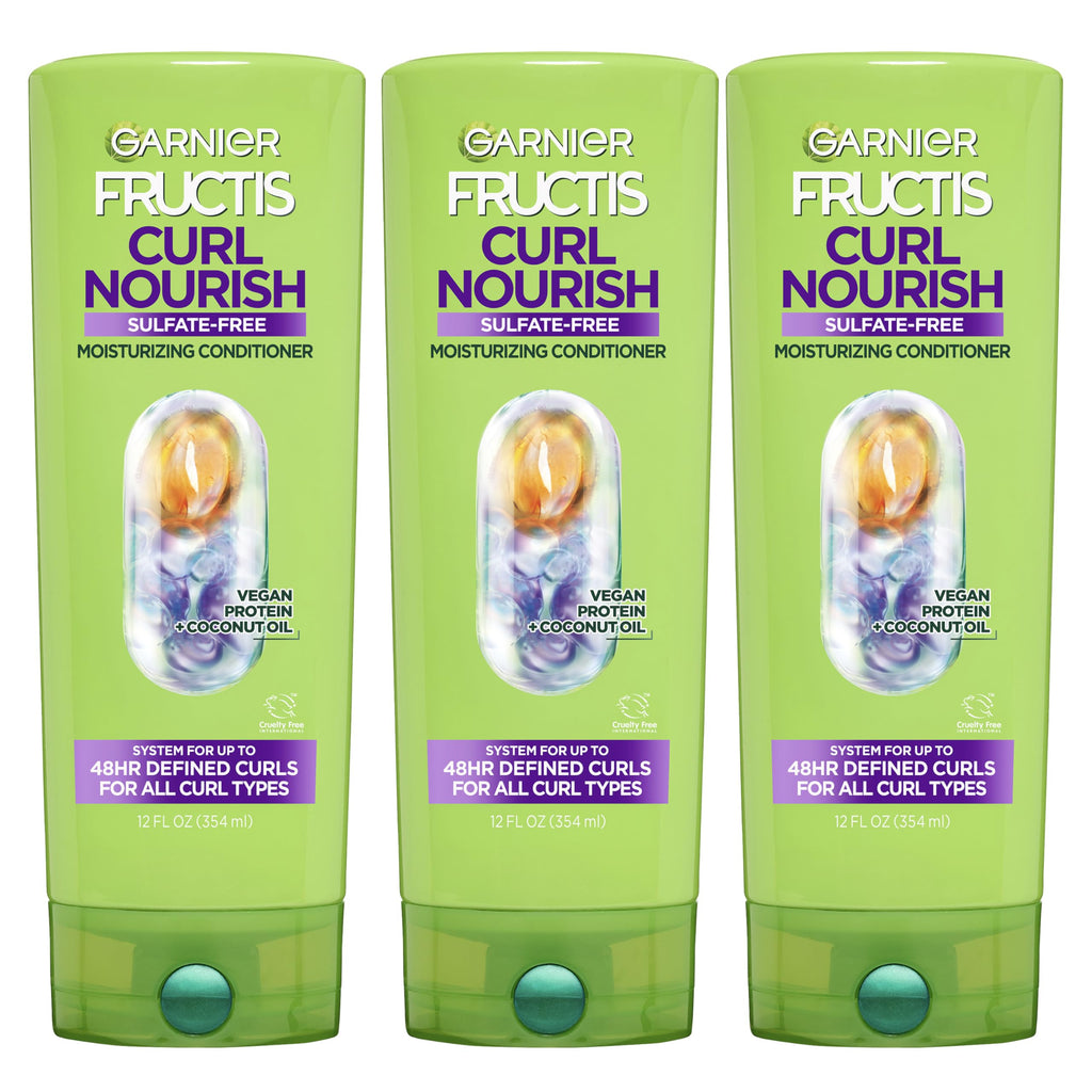 Garnier Fructis Curl Nourish Moisturizing Conditioner for Curly Hair, Plant Protein and Coconut Oil Formula, Up to 48HR of Curl Definition, Sulfate Free & Vegan, 12 Fl Oz, 3 Count (Packaging May Vary)