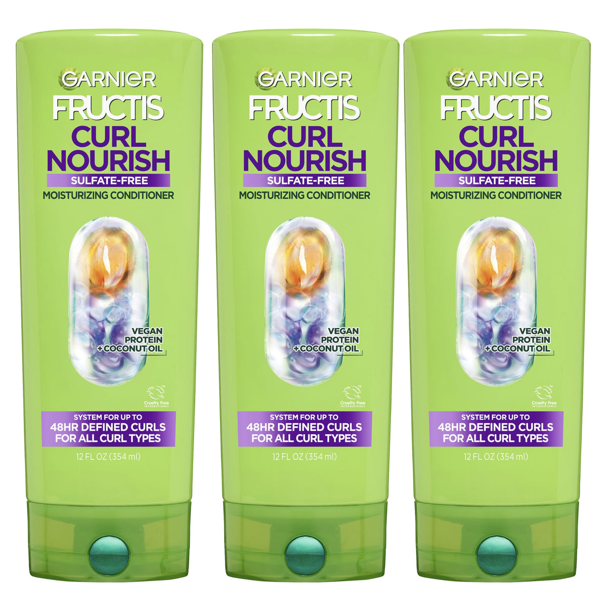 Garnier Fructis Curl Nourish Moisturizing Conditioner for Curly Hair, Plant Protein and Coconut Oil Formula, Up to 48HR of Curl Definition, Sulfate Free & Vegan, 12 Fl Oz, 3 Count (Packaging May Vary)