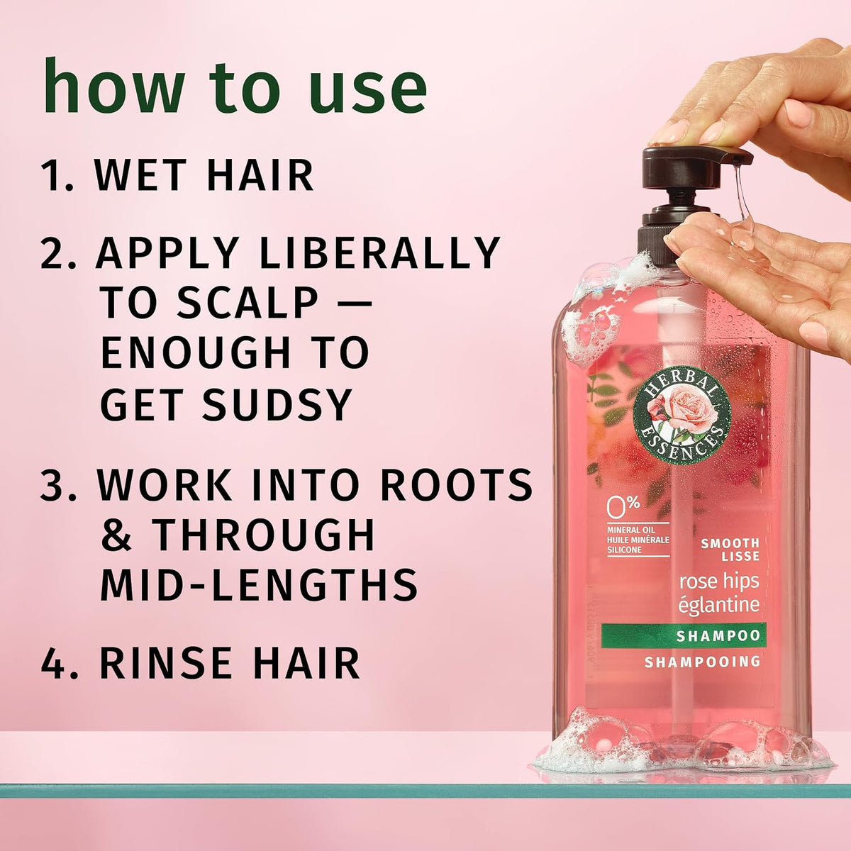 Herbal Essences Shampoo, Rose Hips - Smooth Collection, Shiny Hair with Vitamin E & Jojoba, Safe for Color Treated Hair, Floral Scent, Cruelty-Free, Dermatologist-Tested, 29.2 Fl Oz