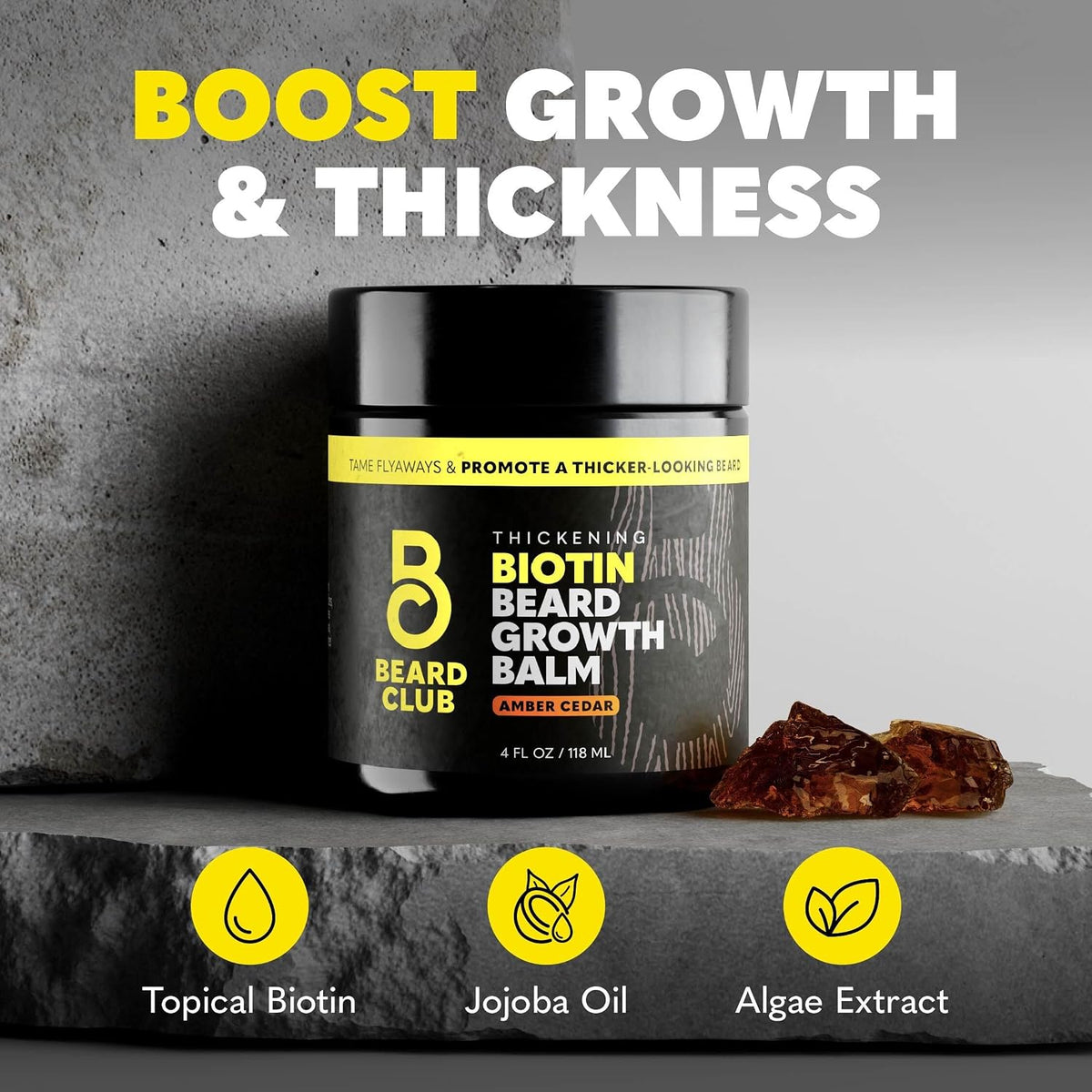 The Beard Club Biotin Beard Balm for Men - Beard Growth Shea Butter with Castor & Coconut Oil - Moisturizing, Hydrating and Softening Cream - Amber Cedar Scent - 4 oz