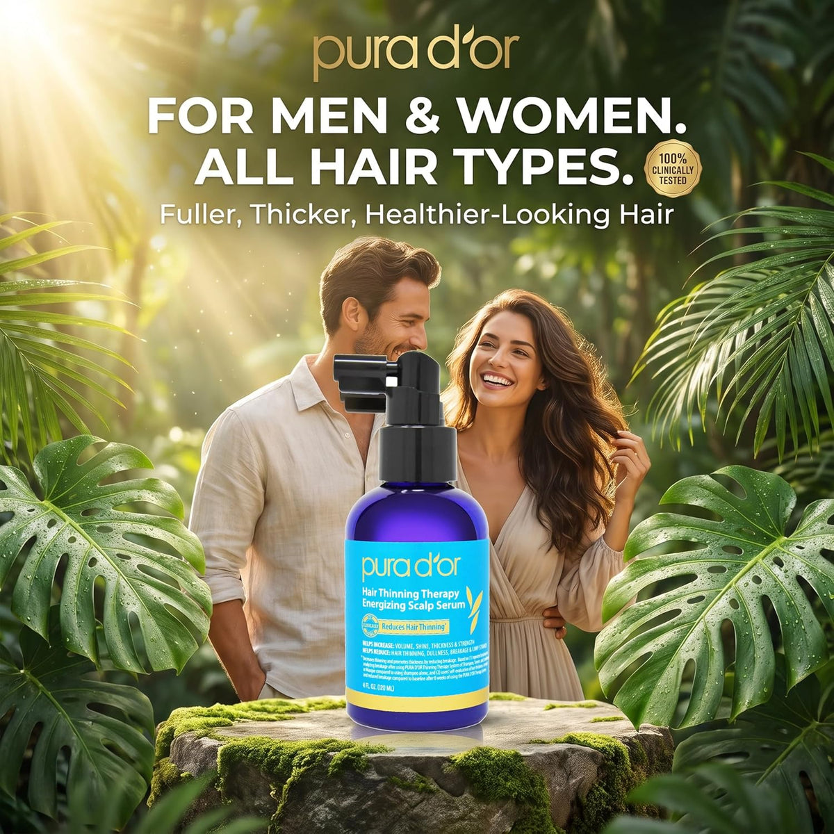 PURA D'OR Hair Thinning Therapy Energizing Scalp Serum 4oz w/Copper Tripeptide, Biotin, Caffeine, Plant Stem Cell, Catalase & DHT Balance, Rosemary Green Tea Leaf Extract, All Hair Types, Men Women