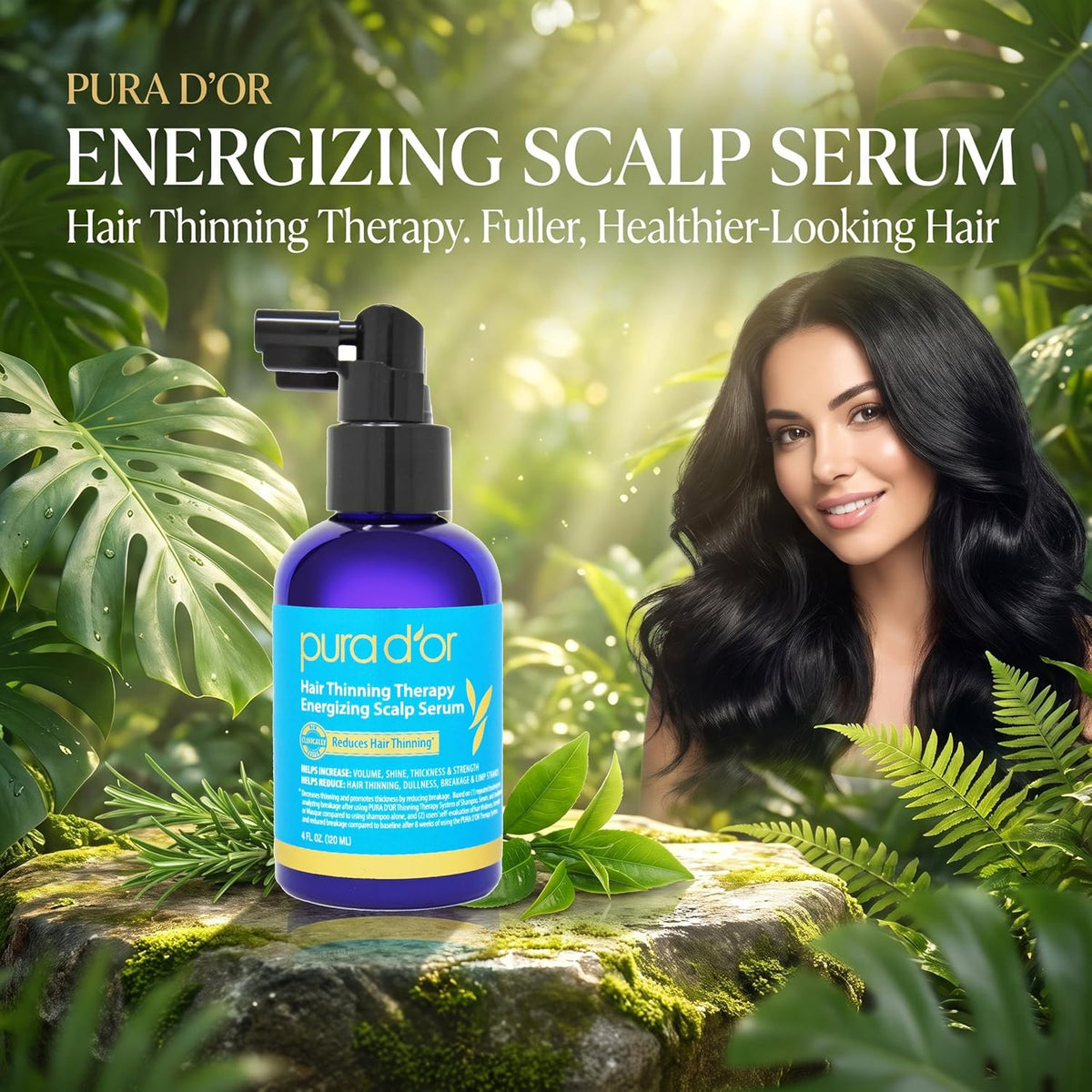 PURA D'OR Hair Thinning Therapy Energizing Scalp Serum 4oz w/Copper Tripeptide, Biotin, Caffeine, Plant Stem Cell, Catalase & DHT Balance, Rosemary Green Tea Leaf Extract, All Hair Types, Men Women